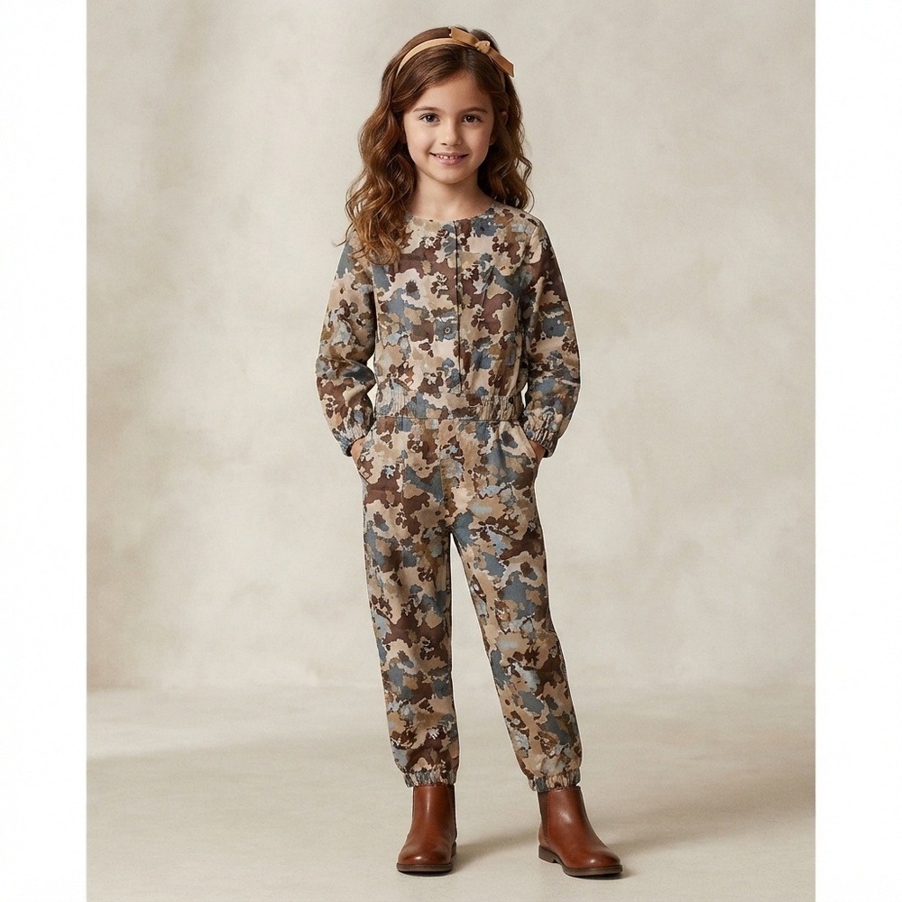 Zara Camo Corduroy Jumpsuit Kids Size 6 Brown Excellent Utility Romper